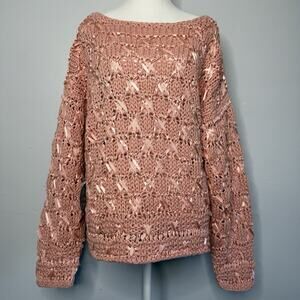 Jennifer Reed Hand Knit Peach Ribbon Sweater Womens M Textured Boho Pad Shoulder